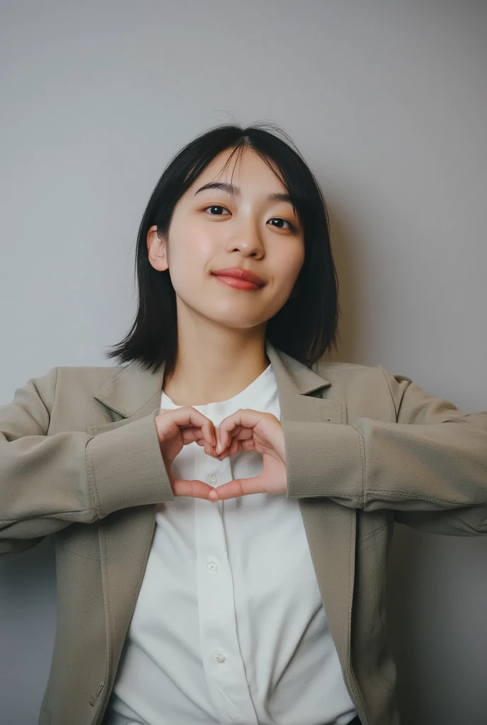 Only one woman with a cute smile is in a pose wearing off-shoulder pajamas, making a firm big heart shape with both hands, and holding them in front of her chest, View above collarbone、The background is a monotone 

