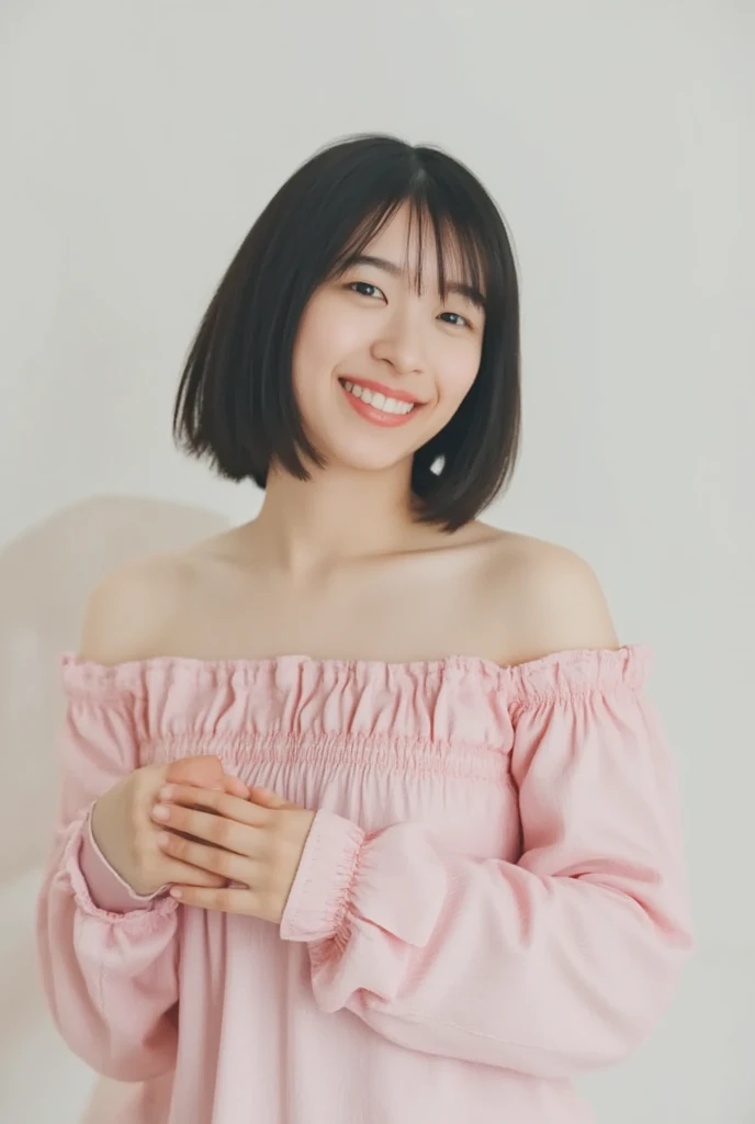 Only one woman with a cute smile is in a pose wearing off-shoulder pajamas, making a firm big heart shape with both hands, and holding them in front of her chest, View above collarbone、The background is a monotone 

