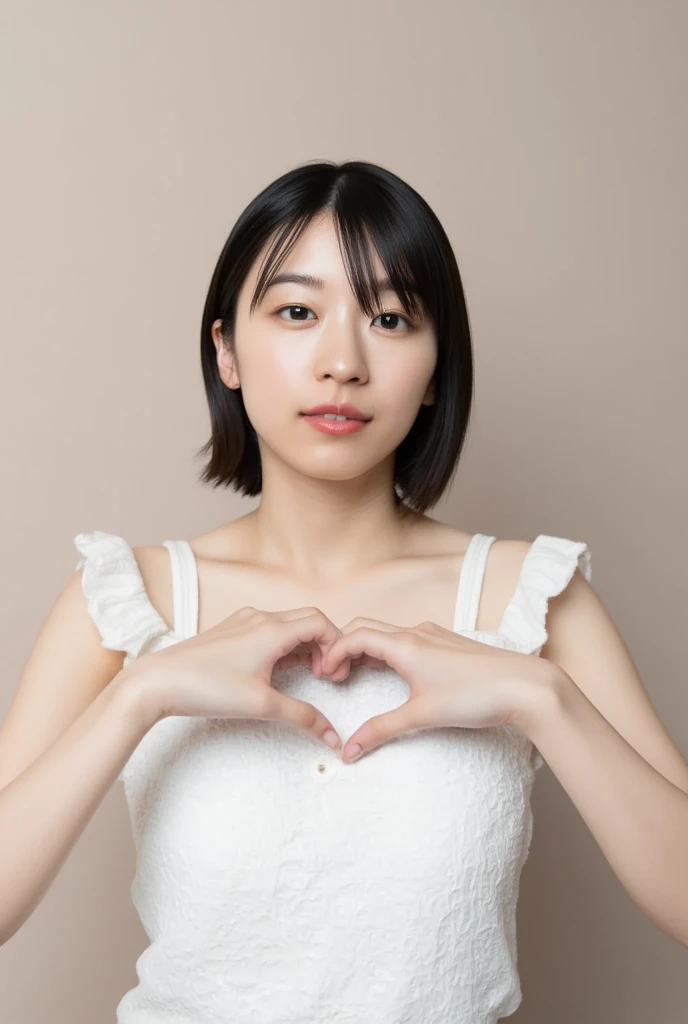 Only one woman with a cute smile is in a pose wearing off-shoulder pajamas, making a firm big heart shape with both hands, and holding them in front of her chest, View above collarbone、The background is a monotone 

