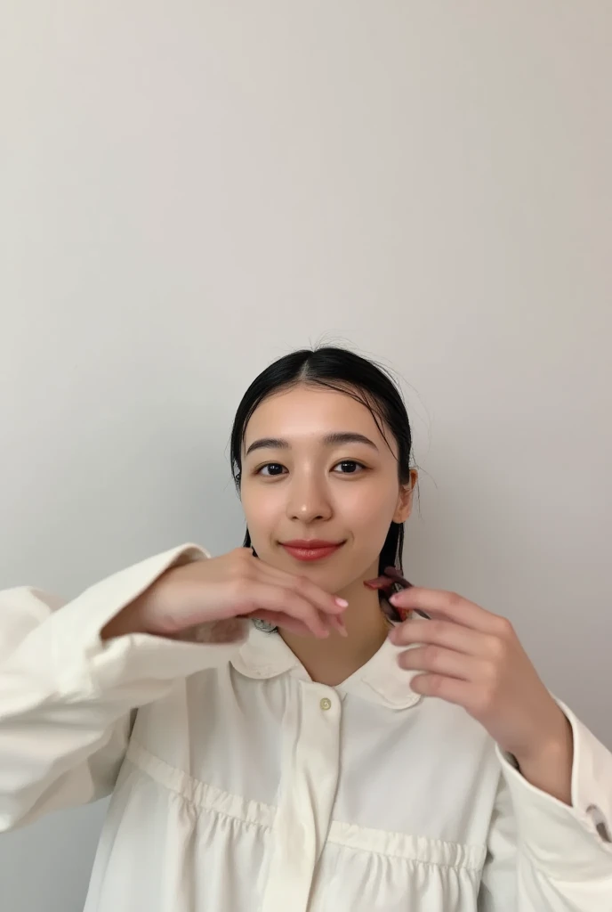 Only one woman with a cute smile is in a pose wearing off-shoulder pajamas, making a firm big heart shape with both hands, and holding them in front of her chest, View above collarbone、The background is a monotone 

