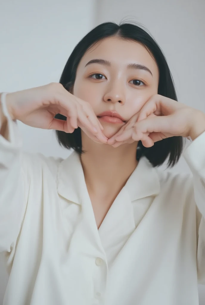 Only one woman with a cute smile is in a pose wearing off-shoulder pajamas, making a firm big heart shape with both hands, and holding them in front of her chest, View above collarbone、The background is a monotone 

