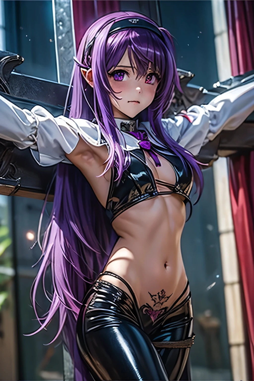 （（（ＳＦＷ、Precision、Highest quality、A first-class masterpiece、Normal body、8k、  Detailed Face 、Ultra-precision、 Normal Hand、５refer to、Highest）））、Suzuka Tsukimura 、Suzuka 、" Puella Magical Girl Lyrical Nanoha"、Night Clan 、 Awakening Vampire、 Red Eyes、 Crimson Eyes 、 Sharp Double Teeth 、Purple Hair、Purple Hair、Long Hair、 headband、Big Breasts、 high school girl、 erotic racy white high leg bondage、Collar、No underwear、Umbilical cord、Half naked、Almost naked、Estrus、Nipple erection、Heart tattoo on navel 、 Blushing in shame 、Stained Glass Cathedral 、Giant Cross、Crucifixion拘束、Holy Cross 、Crucifixion、Restrained by spreading both hands left and right 、Witch trials、God Punishment 