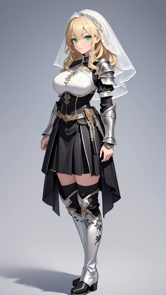 masterpiece, Best Quality, (( no background)),(((pure white short veil))),((Black Holy Knight Armor with rich silver decorations,Full body standing painting of a tall woman )), huge breasts, Bust-length blonde ,wavy hair,Pale skin,A kind smile,closed mouth,Green Eyes, Belt pouch on waist, ((( Black Thigh-High Boots ,Black Gauntlets, black skirt))),A thin curved hanging line ,  holding nothing in hand, Arched eyebrows,Young lady, Side View 