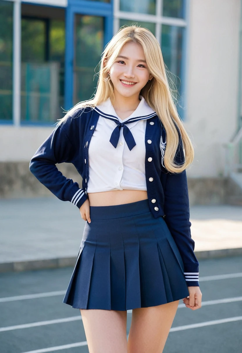 one person、one person、A 16-year-old high school girl poses for a photo in a red sailor uniform and navy blue miniskirt、victory、Tsundere、smile、Saucy、Blonde、small、Slim girl model photo、body:Female Model、Japanese female fashion model、(8K、Raw photo、Best image quality、masterpiece:1.2)、(Genuine、photoGenuineistic:1.37)、Ultra-high resolution、Ultra-high resolution、Standing position、whole body、((((sexy)))、Light blue wall、Shapely small breasts