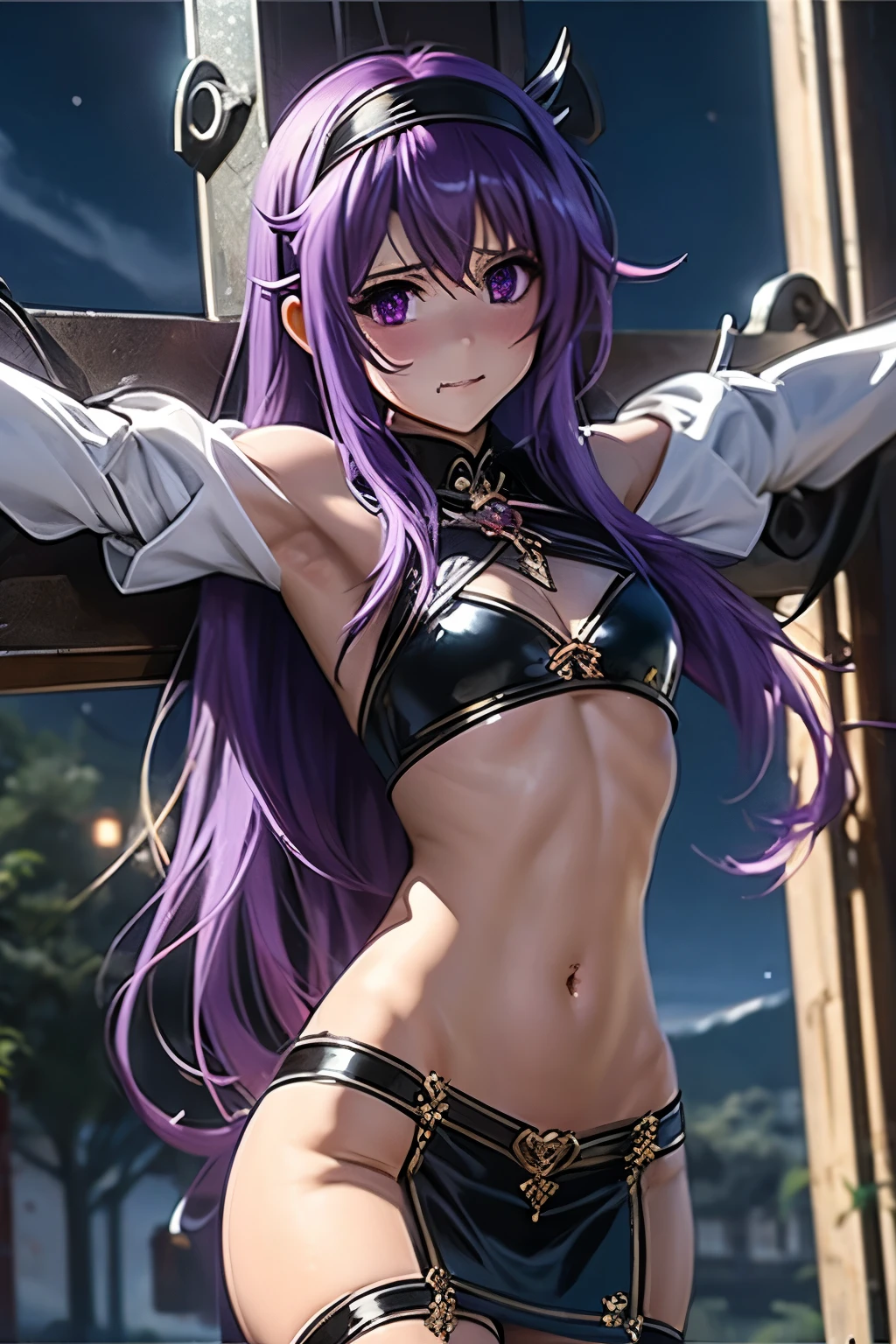 （（（ＳＦＷ、Precision、Highest quality、A first-class masterpiece、Normal body、8k、  Detailed Face 、Ultra-precision、 Normal hand、５refer to、Highest）））、Suzuka Tsukimura  、suzuka 、" Puella Magical Girl Lyrical Nanoha"、Night Clan 、 Awakening Vampire、 Red Eyes、 Crimson Eyes 、 Sharp Double Teeth 、Purple Hair、Purple Hair、Long Hair、 headband、Big Breasts、 high school girl、 erotic racy white high leg bondage、Collar、No underwear、Umbilical cord、Half naked、Almost naked、Estrus、Nipple erection、Heart tattoo on navel 、 Blushing in shame 、Stained Glass Cathedral 、Giant Cross、 crucifixion restraint 、Holy Cross 、Crucifixion、Restrained by spreading both hands left and right 、Witch trials、God Punishment 、My sensitivity has increased, my sense of pleasure has increased, I open my mouth, stick out my tongue, and I'm panting and in agony、Mouth open, tongue showing、Ahegao