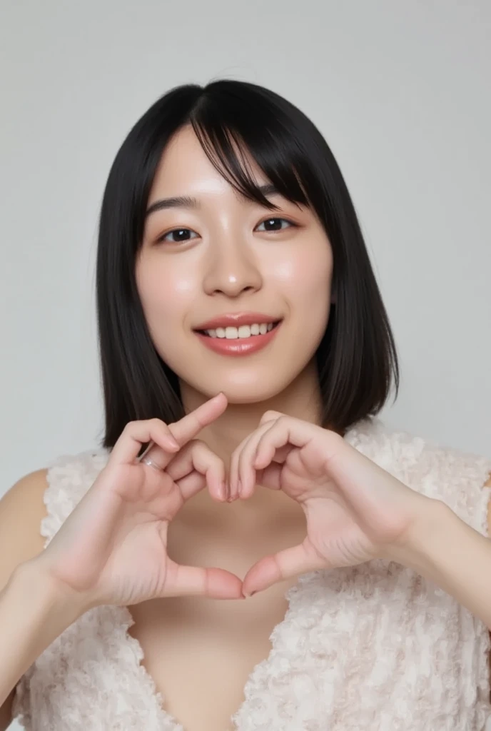 Only one woman with a cute smile is in a pose wearing off-shoulder pajamas, making a firm big heart shape with both hands, and holding them in front of her chest, View above collarbone、The background is a monotone 

