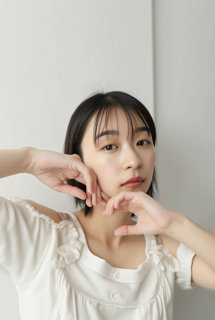 Only one woman with a cute smile is in a pose wearing off-shoulder pajamas, making a firm big heart shape with both hands, and holding them in front of her chest, View above collarbone、The background is a monotone 

