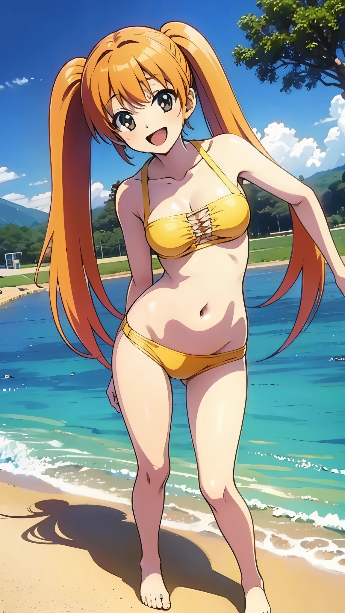 masterpiece, best quality,8k wallpaper, pov from above, kousaka honoka, blue eyes,(big breasts:1.0),(most beautiful yellow micro bikini:1.2) , (exposed ass cheeks:1.2),glowing eyes, cowboy shot, sexy pose, standing,showing her ass, embarrassed, blushing, beach,solo, from behind