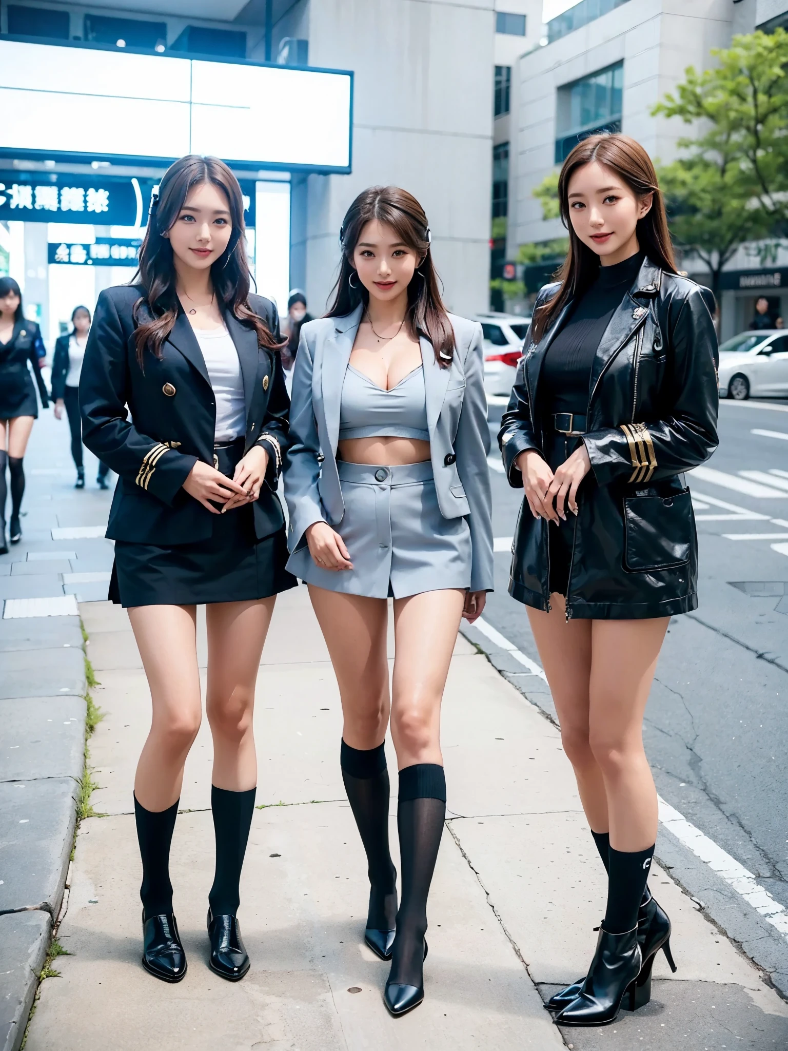 star、 supermodel 、Perfect physique、Plump、Three  girls are looking at the viewer、 girl、、 knee socks、Beautiful legs、、 cyberpunk、 headphones、 gentle smile、seen by  girls、 innocent face 、Military uniform