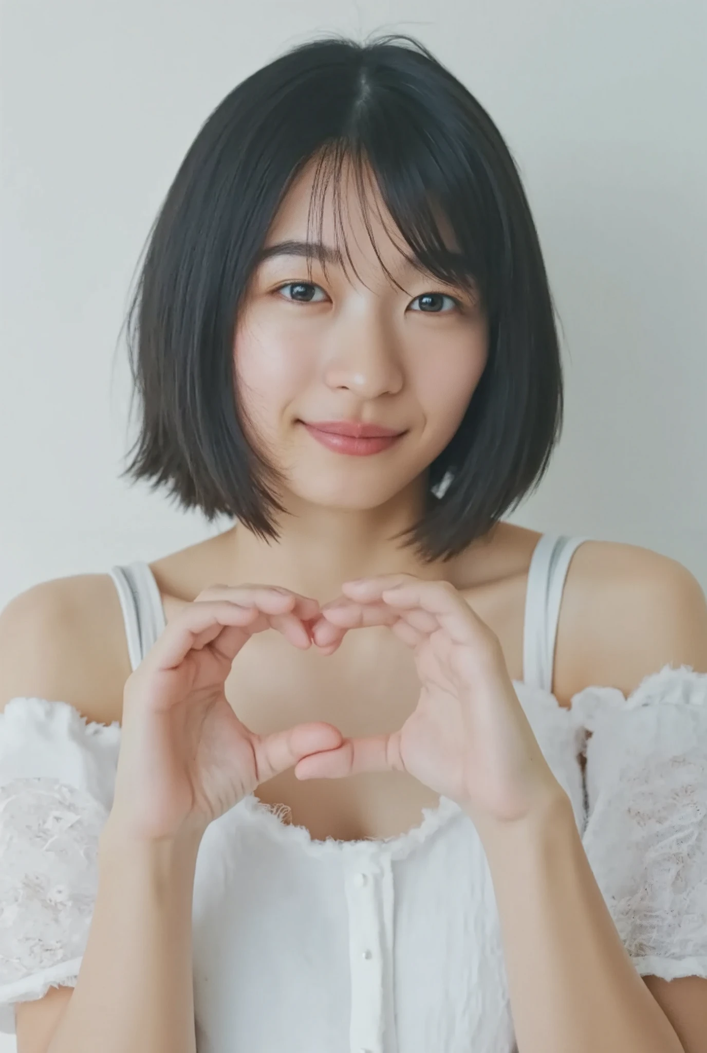 Only one woman with a cute smile is in a pose wearing off-shoulder pajamas, making a firm big heart shape with both hands, and holding them in front of her chest, View above collarbone、The background is a monotone 

