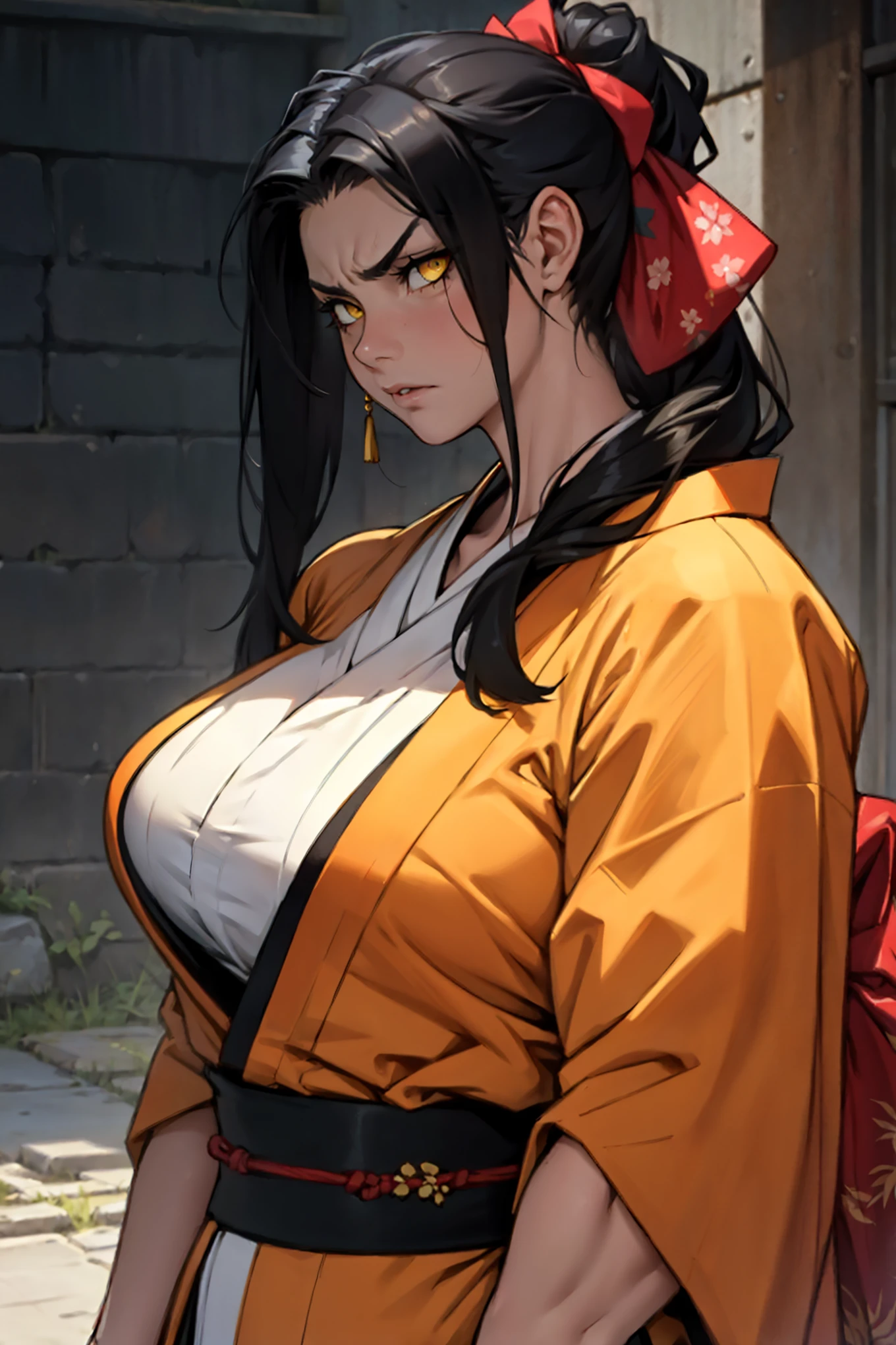 girl ((muscular)) massive breasts thick disdain disgusted annoyed disappointed black hair yellow eyes pale skin super detail kimono