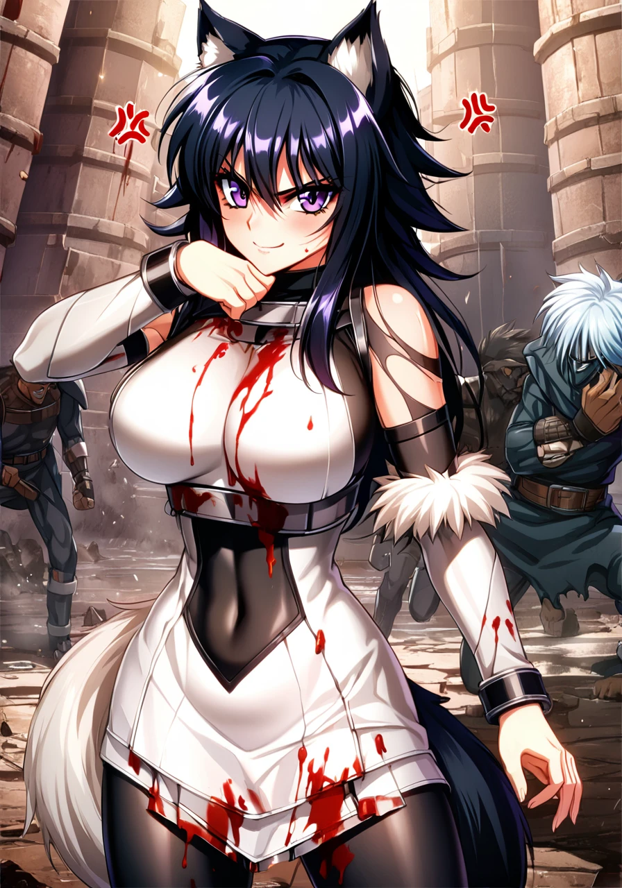  best quality, masterprice, raytracing, Ultra Detailed, Detailed face, 8k wallpaper,  big boobs, smile,  wide hips , outdoor, standing, outdoor, DeltaNDV,  long black hair, animal ears, purple eyes, fringe , wolf ears, Looking at the enemies, Black wolf tail,  tight clothes, torn clothes, Fill , belly, HEAD ON, (dams, curved, fighting pose, of four: 1,3), (( fighting on a battlefield , dams para fora, with anger, Fury,  uncontrolled ,  fighting shade-shaped humanoid enemies. (((covered in blood)))