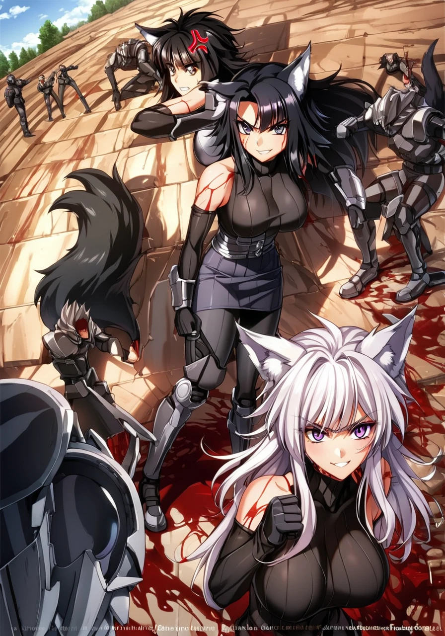  best quality, masterprice, raytracing, Ultra Detailed, Detailed face, 8k wallpaper,  big boobs, smile,  wide hips , outdoor, standing, outdoor, DeltaNDV,  long black hair, animal ears, purple eyes, fringe , wolf ears, Looking at the enemies, Black wolf tail,  tight clothes, torn clothes, Fill , belly, HEAD ON, (dams, curved, fighting pose, of four: 1,3), (( fighting on a battlefield , dams para fora, with anger, Fury,  uncontrolled ,  fighting shade-shaped humanoid enemies. (((covered in blood)))