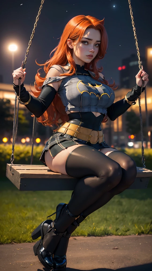 batgirl ((vista de  full body )),  long straight red hair, ((He has an emerald on his forehead)),  seductive look , (( very giant breasts ,  wide hips, very giant buttocks))  full body , ((She is in a park sitting on a swing )), ((It's nighttime and it's illuminated by ))  very sexy and sensual and with long black tights up to the thighs shoes with red heels, well broken (( dressed in school uniform short plaid skirt , white short top with straps and long black tights very tight to the thighs )) ((vista de  full body )) ((thick legs,  wide hips, very giant buttocks,  slim waist)) 