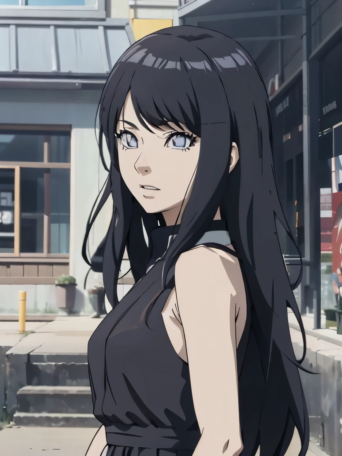 Hinata, hiori kazano, 1girl, wearing a black colour frock, stylish dress,  black colour hair, 8k, high detailed, high quality, full body, with Dark Schneider, from Bastard,, white hair, strong