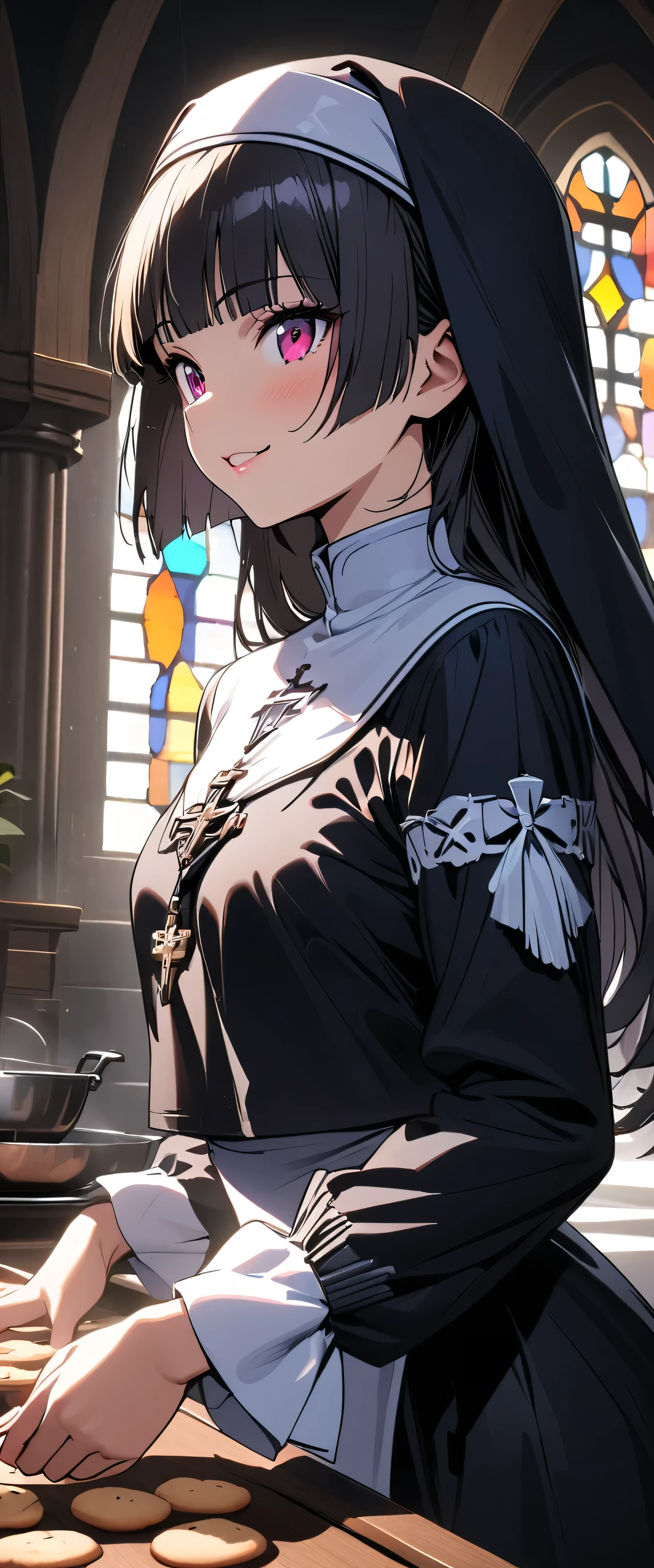 (nun:1.5),(beautiful girl:1.3),1girl,masterpiece,Highest quality,Ultra-high resolution, rich contrast ,super high quality,8k,Highly detailed CG unit wallpaper,texture,Incredibly absurd,Ultra-high resolution,Highest quality anime,professional photograph,an extremely delicate and beautiful,RAW Photos,Depth of Field 1.2,ultra-detailed eyes,Glowing Skin,Beautiful glossy lips,monastery,cross,(Black Hair, bob cut , with bangs), Stained Glass,Faint Light,gokou ruri,smile,(((Bake cookies in the kitchen))),(Rear View:1.2)