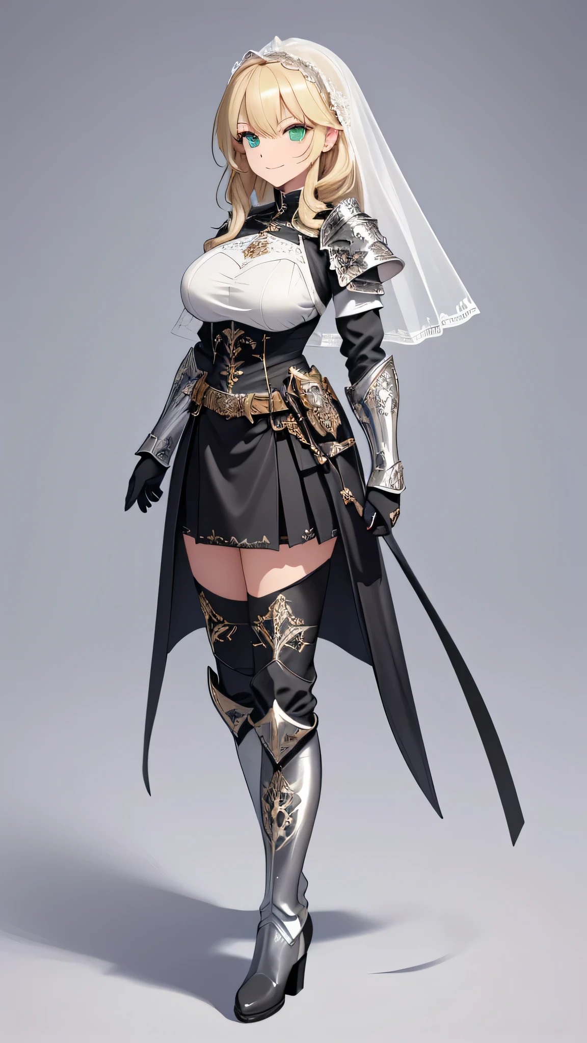 masterpiece, Best Quality, (( no background)),(((pure white short veil))),((Black Holy Knight Armor with rich silver decorations,Full body standing painting of a tall woman )), huge breasts, Bust-length blonde ,wavy hair,Pale skin,A kind smile,closed mouth,Green Eyes, Belt pouch on waist, ((( Black Thigh-High Boots ,Black Gauntlets,Armored black skirt))),A thin curved hanging line ,  holding nothing in hand, Arched eyebrows,Young lady, Side View 