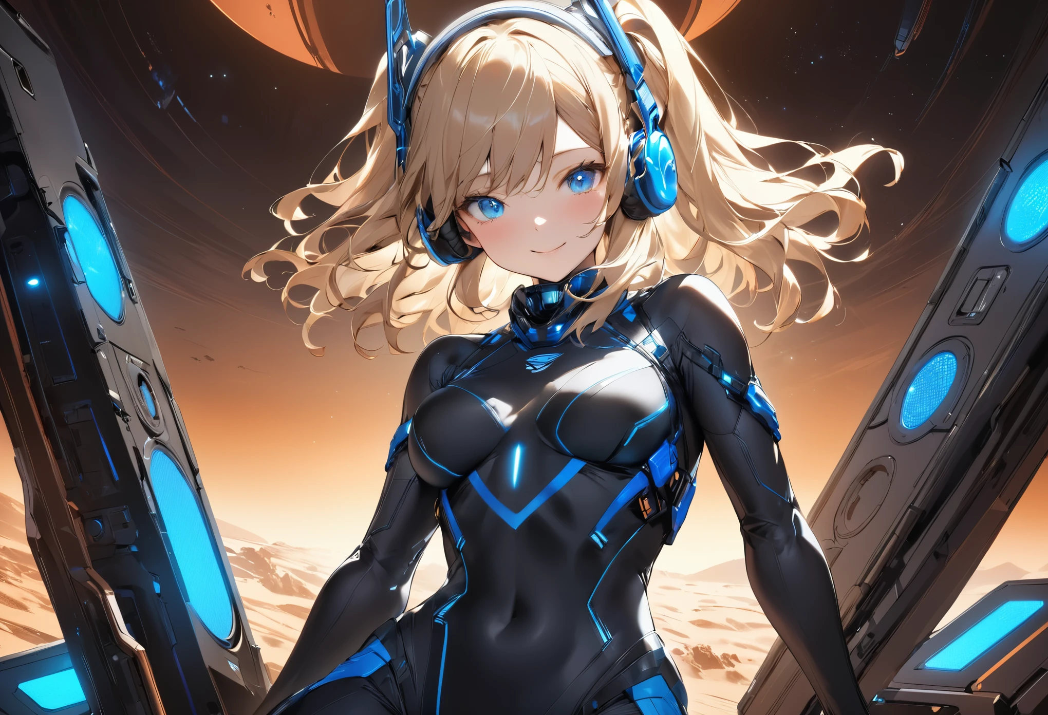 (((Best quality, 8k, Masterpiece: 1.3)), ((best quality)), ((masterpiece)), (detailed), perfect face, perfect body, A beautiful blonde-haired girl wearing headphones, a sci-fi action set on Mars in the 2500s, a body suit with a black base that emits a glow, a complex pattern that emits light, a smiling face, and blue eyes staring at you, cowboy shot