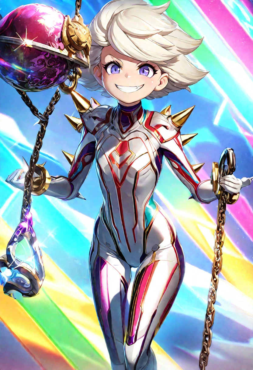 new character from League of Legends, 1 super baby face lady, glossy silky disheveled rainbow short hair, crazy smile, evil smile, thin flat slender body line, wearing shiny glossy glitter white bodysuit and combat uniform with fluorescent maze pattern, holding chained iron ball and pair of brass knuckles with spikes sticking out, background beautiful CG art from League of Legends, various effects, delicate and dynamic textures, contrasts of light and shadow, 3D, artistic photography, hyper realistic, digital graphic CG, BREAK ultra detailed, absolutely resolution, best quality