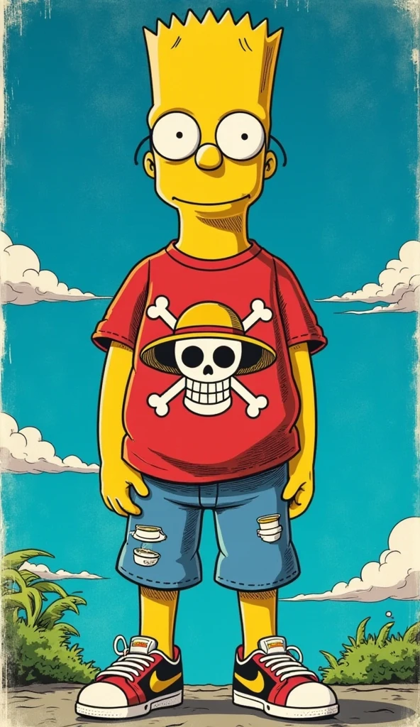 A 1940s-style comic book cover showcases Bart Simpson in an eye-catching streetwear outfit, designed with rich, vibrant colors and a nostalgic feel. He stands confidently beneath a brilliant blue sky, wearing an oversized graphic t-shirt featuring the iconic Jolly Roger emblem of the Heart Pirates from One Piece, creating a playful crossover of worlds. His loose-fitting jeans and classic Nike sneakers complement the ensemble, while his signature spiky hair adds to his rebellious charm.

The shirt’s design, prominently displayed, features the heart symbol and skull, enhanced with bold lines and contrasting colors that pop against the t-shirt's fabric. The vivid blues of the sky and the colorful details of Bart’s outfit capture the energetic spirit of youth and adventure. The edges of the cover show slight wear, with soft creases and fading that evoke the nostalgic charm of classic comic book art, merging Bart’s playful character with the adventurous spirit of One Piece in a beautifully retro illustration.