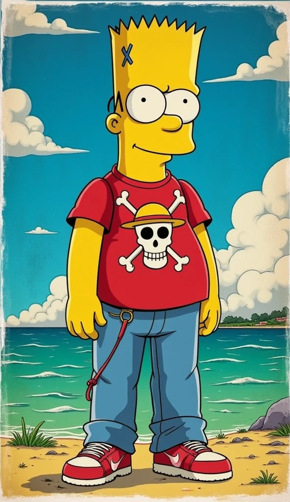 A 1940s-style comic book cover showcases Bart Simpson in an eye-catching streetwear outfit, designed with rich, vibrant colors and a nostalgic feel. He stands confidently beneath a brilliant blue sky, wearing an oversized graphic t-shirt featuring the iconic Jolly Roger emblem of the Heart Pirates from One Piece, creating a playful crossover of worlds. His loose-fitting jeans and classic Nike sneakers complement the ensemble, while his signature spiky hair adds to his rebellious charm.

The shirt’s design, prominently displayed, features the heart symbol and skull, enhanced with bold lines and contrasting colors that pop against the t-shirt's fabric. The vivid blues of the sky and the colorful details of Bart’s outfit capture the energetic spirit of youth and adventure. The edges of the cover show slight wear, with soft creases and fading that evoke the nostalgic charm of classic comic book art, merging Bart’s playful character with the adventurous spirit of One Piece in a beautifully retro illustration.