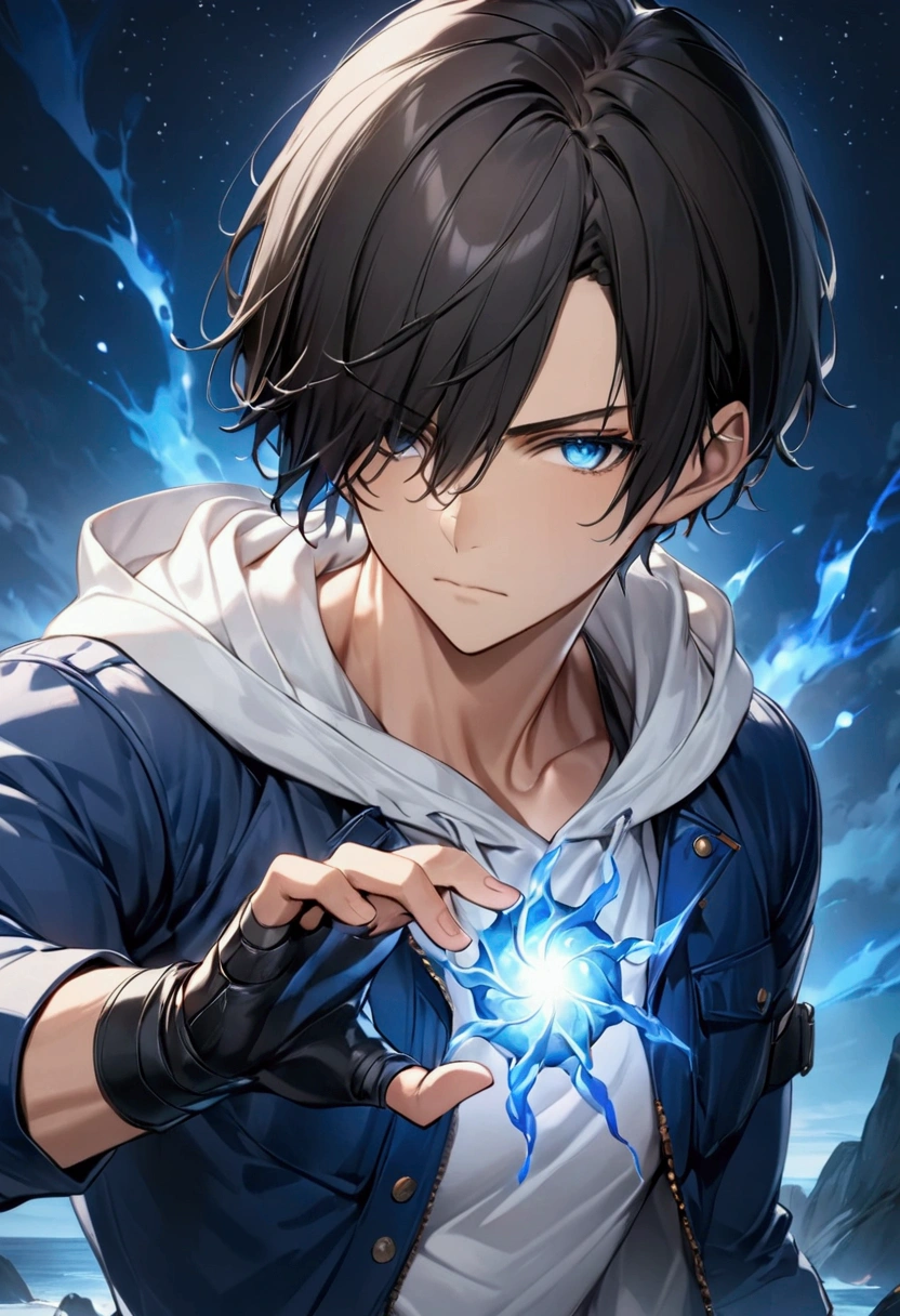 (masterpiece,  best quality:1.2), dark haired young man"Asuka", clothing:  white hoodie with blue jacket, Black Leather Fingerless Driver's Glove ,  upper body focus ,  Bust Up Shot,simple background with a starry sky on one side, The act of retightening the right hand glove raised with a serious expression with the left hand（ pose with the right hand ajar open and the back of the hand facing outward and the left hand on the right wrist）,Rin々Shi, cool design art , best quality, shape,  very detailed, fine,  high definition, 8k wallpaper, Biologically accurate depiction, real 2D digital art,A blue aura rises violently from the whole body, A small blue discharge occurs between the eyebrows