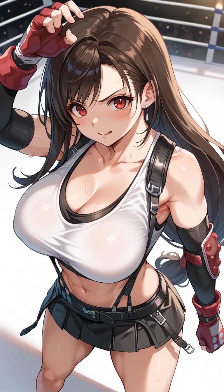 high resolution, (mixed wrestling), girl victory, 1girl, the girl is young, short, the girl has slender body、big breasts, (the girl is cute), brown hair, straight long Hair, Red eyes、(Tifa=Lockhart),  White Cropped Fitted Tee、Leather-Like Fitted penders、( angle from above), fighting face、Her breasts are not exposed, (Shoryuken pose )、sweat:1.3、Perfect Arms、Perfect Legs、Dynamic、