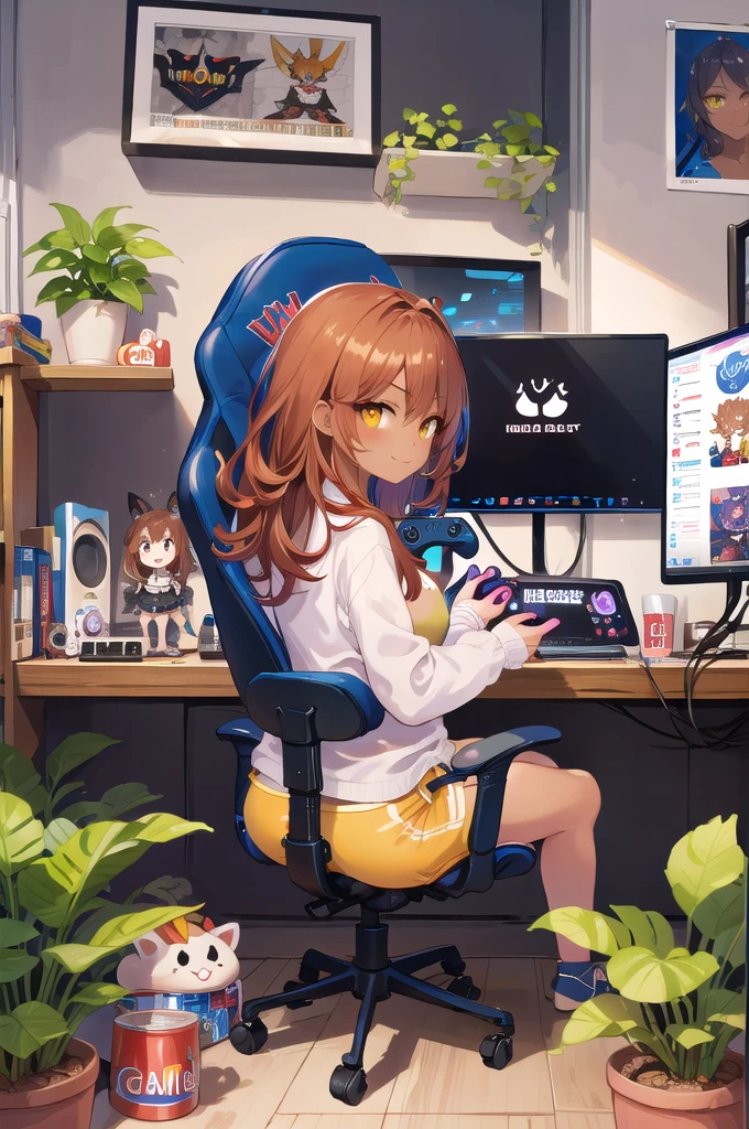 hires,high quality,best quality,1girl,mature female,game controller, shirt,(dark skin:1.2),(dark skinned female:1.2), yellow eyes,smirk, long hair, (holding game controller:1.2),large breasts, brown hair, monitor, posters, shelf, plant, figurine,gaming-room, gaming chair, sitting on chair, playing games,focused expression,game on screen, from behind, controller, gamepad, shorts, energy drink can
