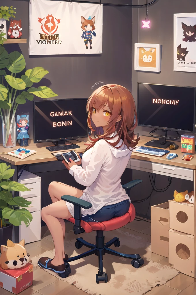 hires,high quality,best quality,1girl,mature female,game controller, shirt,(dark skin:1.2),(dark skinned female:1.2), yellow eyes,smirk, long hair, (holding game controller:1.2),large breasts, brown hair, monitor, posters, shelf, plant, figurine,gaming-room, gaming chair, sitting on chair, playing games,focused expression,game on screen, from behind, controller, gamepad, shorts, energy drink can
