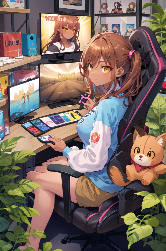 hires,high quality,best quality,1girl,mature female,game controller, shirt,(dark skin:1.2),(dark skinned female:1.2), yellow eyes,smirk, long hair, (holding game controller:1.2),large breasts, brown hair, monitor, posters, shelf, plant, figurine,gaming-room, gaming chair, sitting on chair, playing games,focused expression,game on screen, from behind, controller, gamepad, shorts, energy drink can
