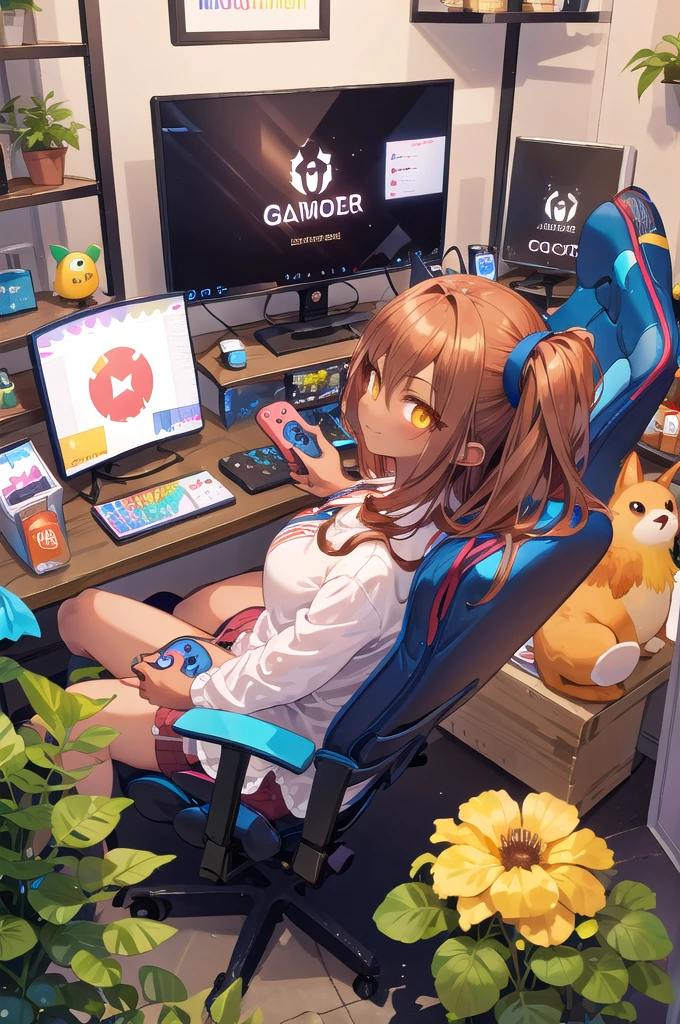 hires,high quality,best quality,1girl,mature female,game controller, shirt,(dark skin:1.2),(dark skinned female:1.2), yellow eyes,smirk, long hair, (holding game controller:1.2),large breasts, brown hair, monitor, posters, shelf, plant, figurine,gaming-room, gaming chair, sitting on chair, playing games,focused expression,game on screen, from behind, controller, gamepad, shorts, energy drink can
