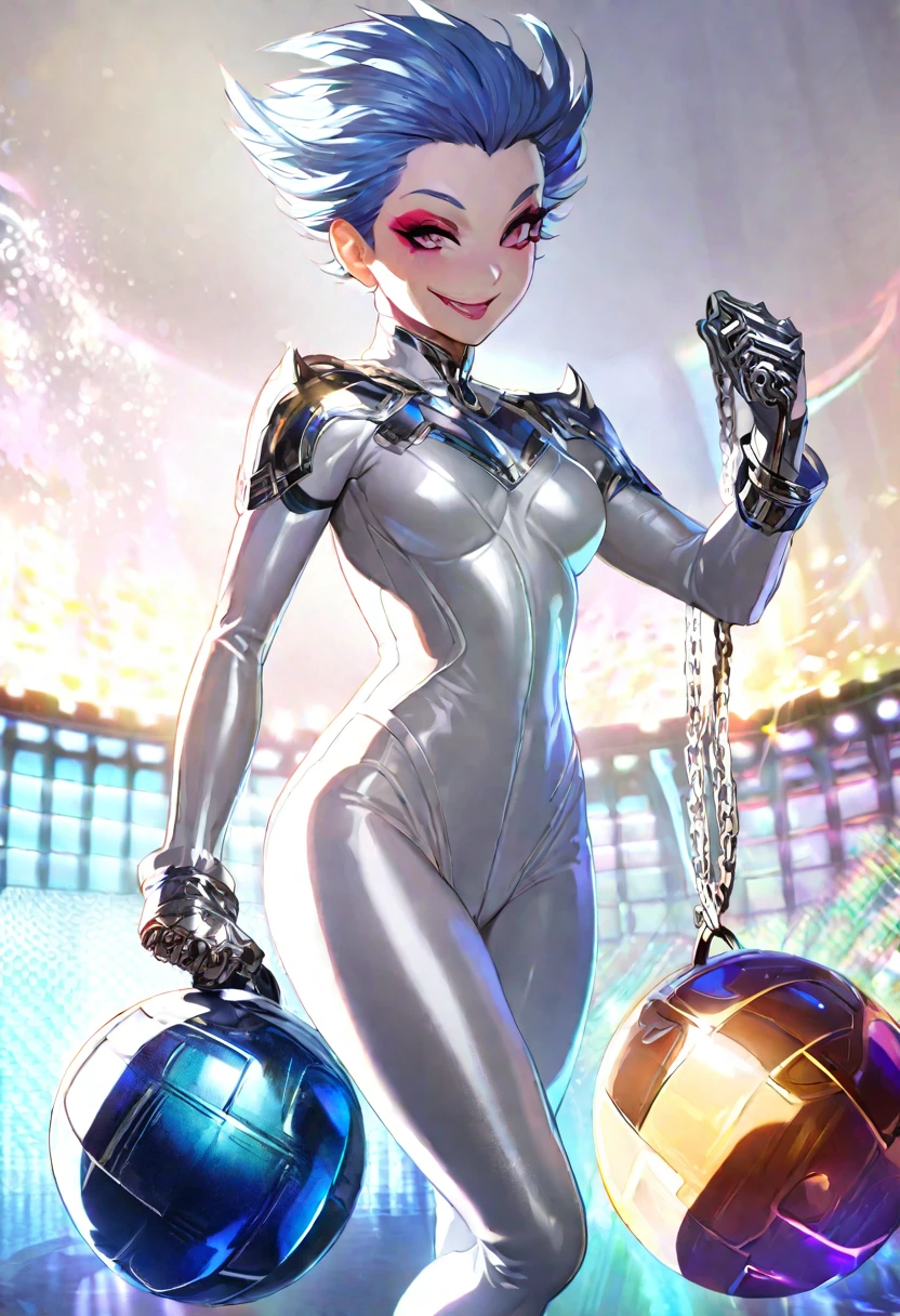 new character from League of Legends, 1 super baby face lady, glossy silky disheveled rainbow short hair, makeup, cortesy, elegance, dignity, crazy smile, evil smile, thin flat slender body line, wearing shiny glossy glitter white bodysuit and combat uniform with fluorescent maze pattern, holding chained iron ball and pair of brass knuckles with spikes sticking out, background beautiful CG art from League of Legends, various effects, delicate and dynamic textures, contrasts of light and shadow, 2.5D, artistic photography, hyper realistic, digital graphic CG, BREAK ultra detailed, absolutely resolution, best quality