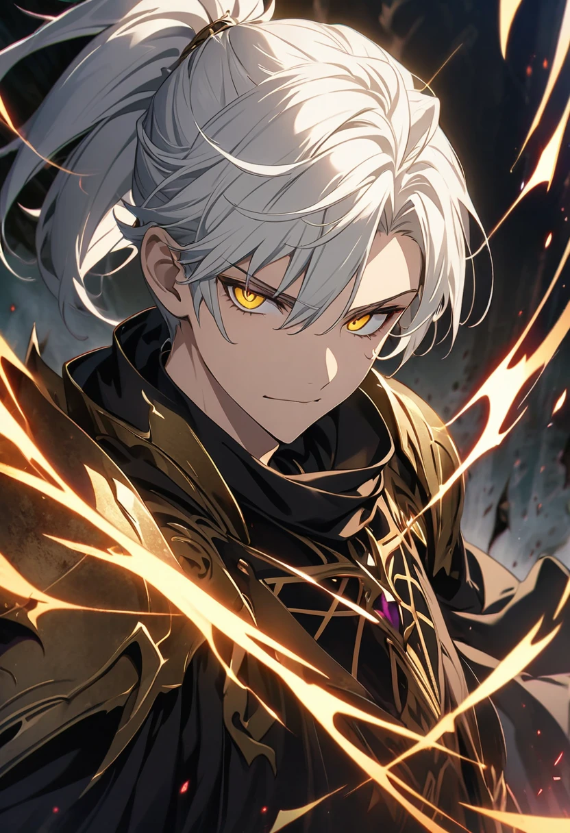 handsome young male witch with gold eyes, black robes, armor gauntlets, white hair, elegant, wizard vibes, sinister expression, light novel art, jewellery, close up shot, arrogant, confident, detailed anime, superiority complex, ponytail