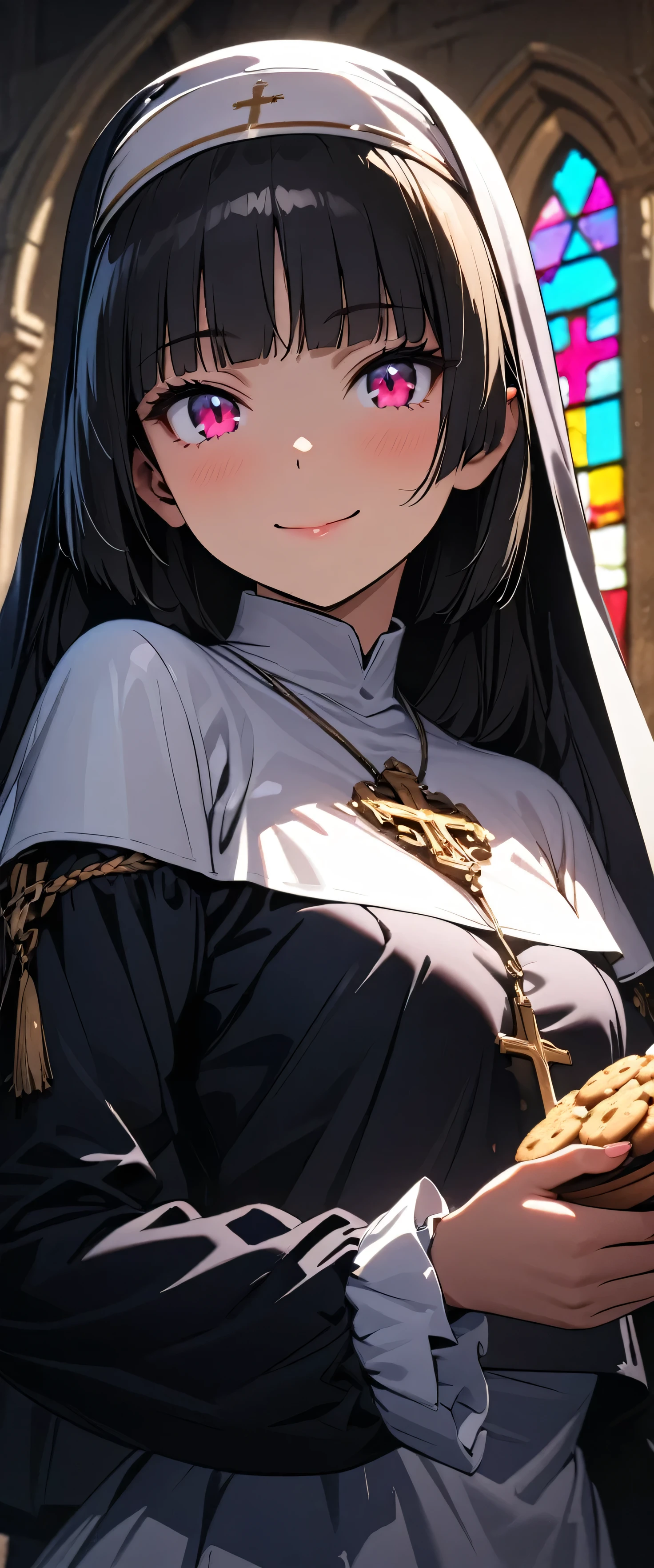 (nun:1.5),(beautiful girl:1.3),1girl,masterpiece,Highest quality,Ultra-high resolution, rich contrast ,super high quality,8k,Highly detailed CG unit wallpaper,texture,Incredibly absurd,Ultra-high resolution,Highest quality anime,professional photograph,an extremely delicate and beautiful,RAW Photos,Depth of Field 1.2,ultra-detailed eyes,Glowing Skin,Beautiful glossy lips,monastery,Prayer,cross,Prayer,(Black Hair, bob cut , with bangs), Stained Glass,Faint Light,gokou ruri,smile,closed mouth,(((Bake cookies in the kitchen)))