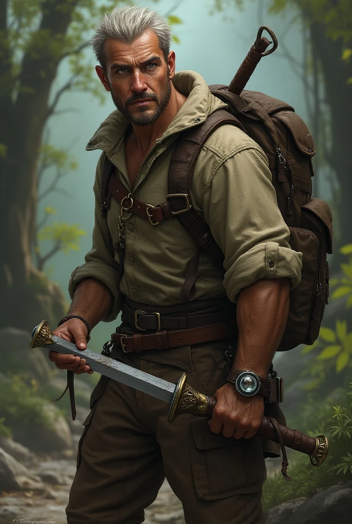 Create an adventurer , He has a backpack on his back, Use a sword ...