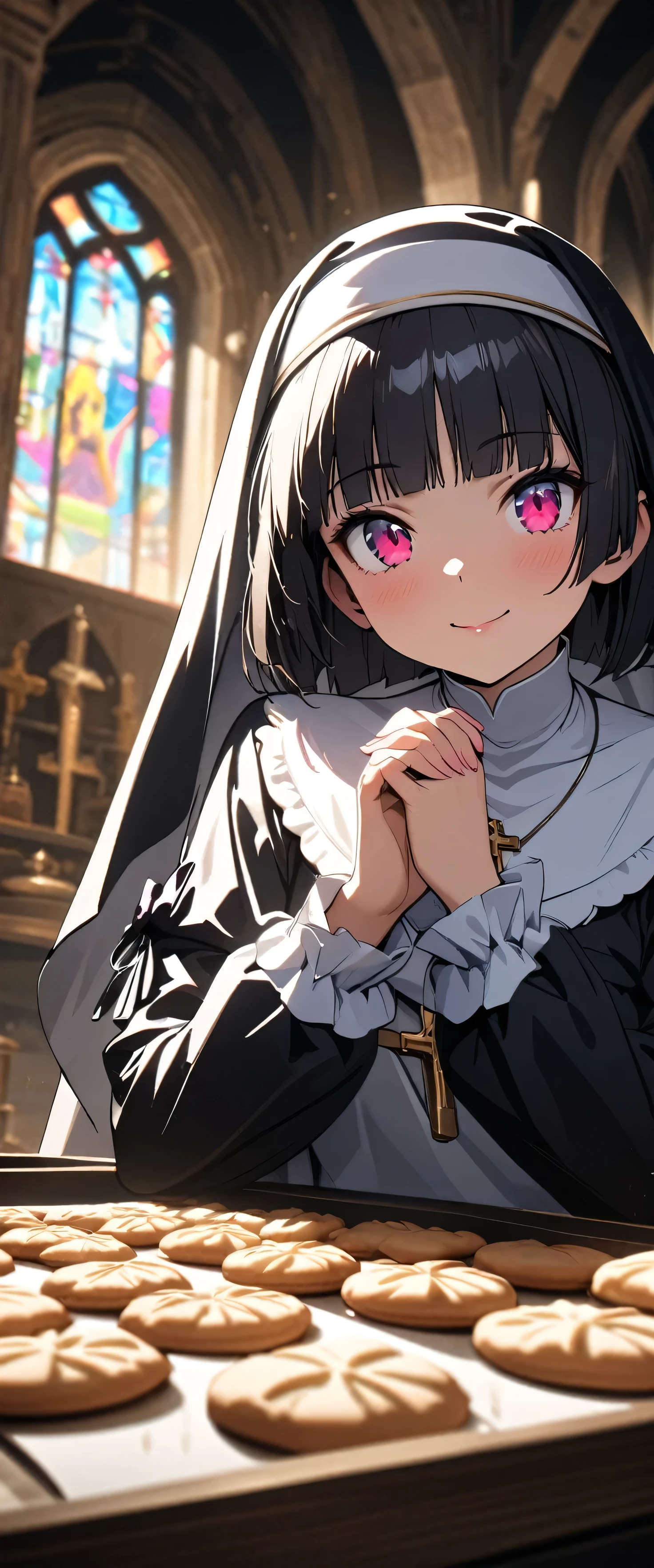(nun:1.5),(beautiful girl:1.3),1girl,masterpiece,Highest quality,Ultra-high resolution, rich contrast ,super high quality,8k,Highly detailed CG unit wallpaper,texture,Incredibly absurd,Ultra-high resolution,Highest quality anime,professional photograph,an extremely delicate and beautiful,RAW Photos,Depth of Field 1.2,ultra-detailed eyes,Glowing Skin,Beautiful glossy lips,monastery,Prayer,cross,Prayer,(Black Hair, bob cut , with bangs), Stained Glass,Faint Light,gokou ruri,smile,closed mouth,(((Bake cookies in the kitchen)))