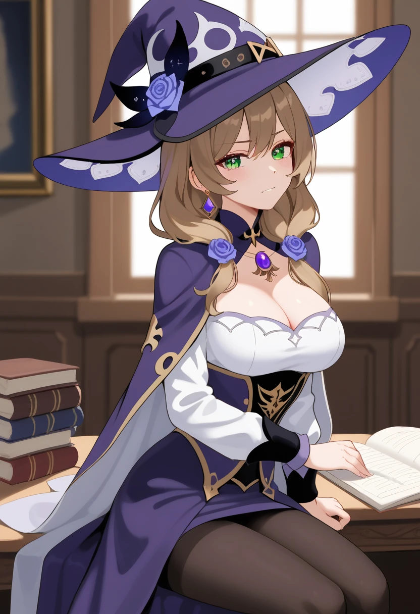 (\li sha\), 1girl, breasts, lisa \(genshin impact\), A detailed, highly photorealistic portrait of a young woman with beautiful green eyes, brown hair, and bangs, wearing a witch hat, dress, (long dress:2.0), (black pantyhose:1.5), and purple headwear with earrings, (1girl, detailed eyes, extremely detailed face), beautiful detailed eyes, extremely detailed eyes and face, long eyelashes, brown hair, green eyes, jeans, witch hat, purple headwear, earrings, long hair, bangs, hair ornament, (wetting self:1.5), (arms crossed:1.5), (arms under breasts:1.5), humiliation, blushing, angry, tears, sitting, (best quality, 4k, 8k, highres, masterpiece:1.2), ultra-detailed, HDR, UHD, studio lighting, ultra-fine painting, sharp focus, physically-based rendering, extreme detail description, professional, vivid colors, bokeh, portrait