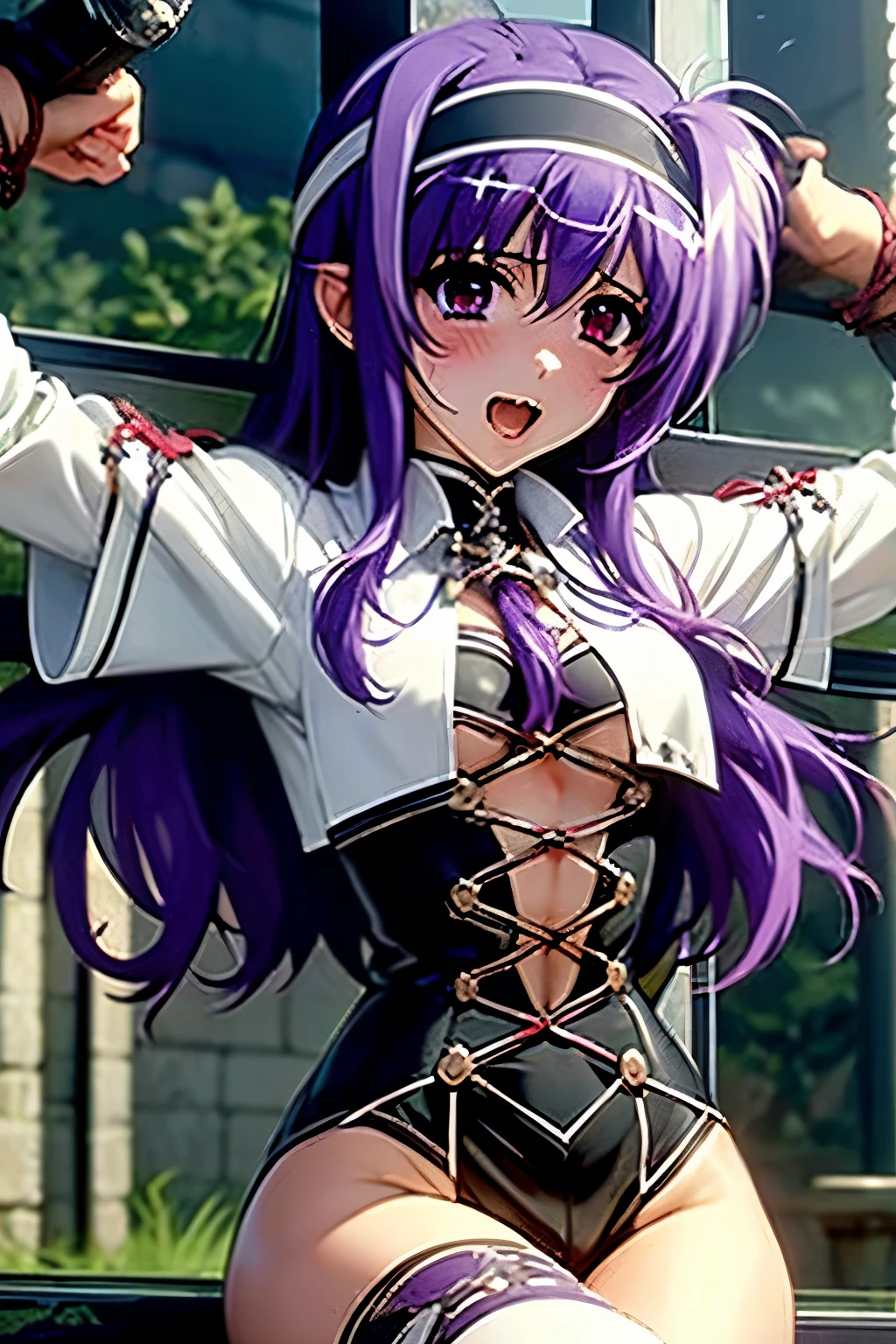 （（（ＳＦＷ、Precision、Highest quality、A first-class masterpiece、Normal body、8k、  Detailed Face 、Ultra-precision、 Normal hand、５refer to、Highest）））、Suzuka Tsukimura  、suzuka 、" Puella Magical Girl Lyrical Nanoha"、Night Clan 、 Awakening Vampire、 Red Eyes、 Crimson Eyes 、 Sharp Double Teeth 、Purple Hair、Purple Hair、Long Hair、 headband、Big Breasts、 high school girl、 erotic racy white high leg bondage、Collar、No underwear、Umbilical cord、Half naked、Almost naked、Estrus、Nipple erection、Heart tattoo on navel 、 Blushing in shame 、Stained Glass Cathedral 、Giant Cross、 crucifixion restraint 、Holy Cross 、Crucifixion、Restrained by spreading both hands left and right 、Witch trials、God Punishment 、My sensitivity has increased, my sense of pleasure has increased, I open my mouth, stick out my tongue, and I'm panting and in agony、Mouth open, tongue showing、Ahegao