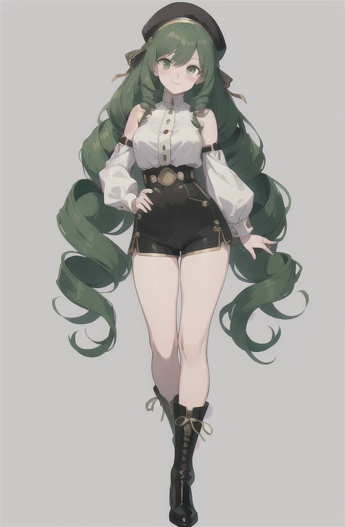 (masterpiece, ultra-detailed, high resolution, best quality:1.2), (anime, simple background, plain background), (1girl, full body, standing posture), ((wave drill hair:1.2), long wavy drill hair that flows down to the waist, green hair), (beret, sleeveless white blouse, bare shoulders, her arms have long false sleeves, puffy cuffs decorated with lace, (over the blouse she wears high-waisted buttoned shorts:1.1), long black boots with gold trim), (cheerful expression, cute smile)