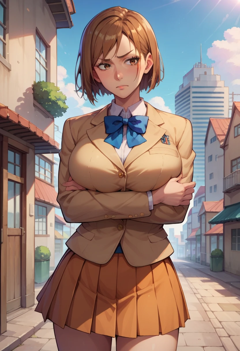 BREAK  Kugisaki Nobara,  1 girl, short hair, skirt, large breasts, Brown Hair,  long sleeve,  Brown Eyes , school uniform ,  jacket,  Knight ,  Building, city, gakuran, arms under breast ,  Kugisaki Nobara,