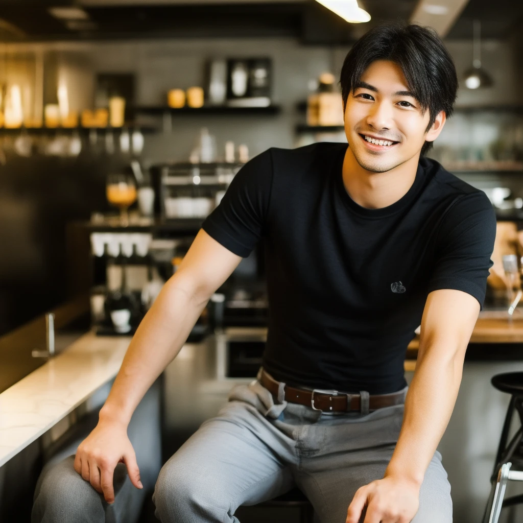 A high-quality image of a slim Japanese man in his early twenties with a model-like, well-proportioned face, wearing a subtle, refreshing smile. He has black hair of medium length, similar to the style in the reference photo, giving him a clean and natural look. The shot is at cowboy height (from the waist up), and he is dressed in a simple black T-shirt. His physique is lean rather than overly muscular, reflecting a more authentic Japanese appearance. The background is a stylish, modern café, adding a relaxed yet sophisticated atmosphere. The image is highly realistic, with natural skin texture that avoids being overly smooth, capturing fine details of his face and casual style with an exceptionally lifelike quality