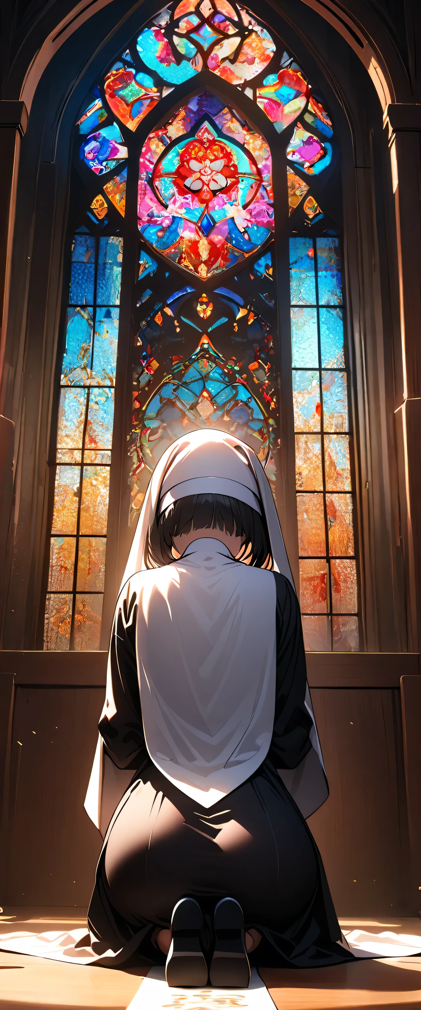 (nun:1.5),(beautiful girl:1.3),1girl,masterpiece,Highest quality,Ultra-high resolution,  rich contrast  ,super high quality,8k,Highly detailed CG unit wallpaper,texture,Incredibly absurd,Ultra-high resolution,Highest quality anime,professional photograph,an extremely delicate and beautiful,RAW Photos,Depth of Field 1.2,Glowing Skin,Beautiful glossy lips,monastery,Prayer,Prayer to the Cross,looking pleasured,(Black Hair, bob cut , with bangs), Stained Glass,Faint Light,(magnificent panorama view:1.3), closed mouth,(full body1.5),Close your eyes,(Rear View:2.0),Kneel