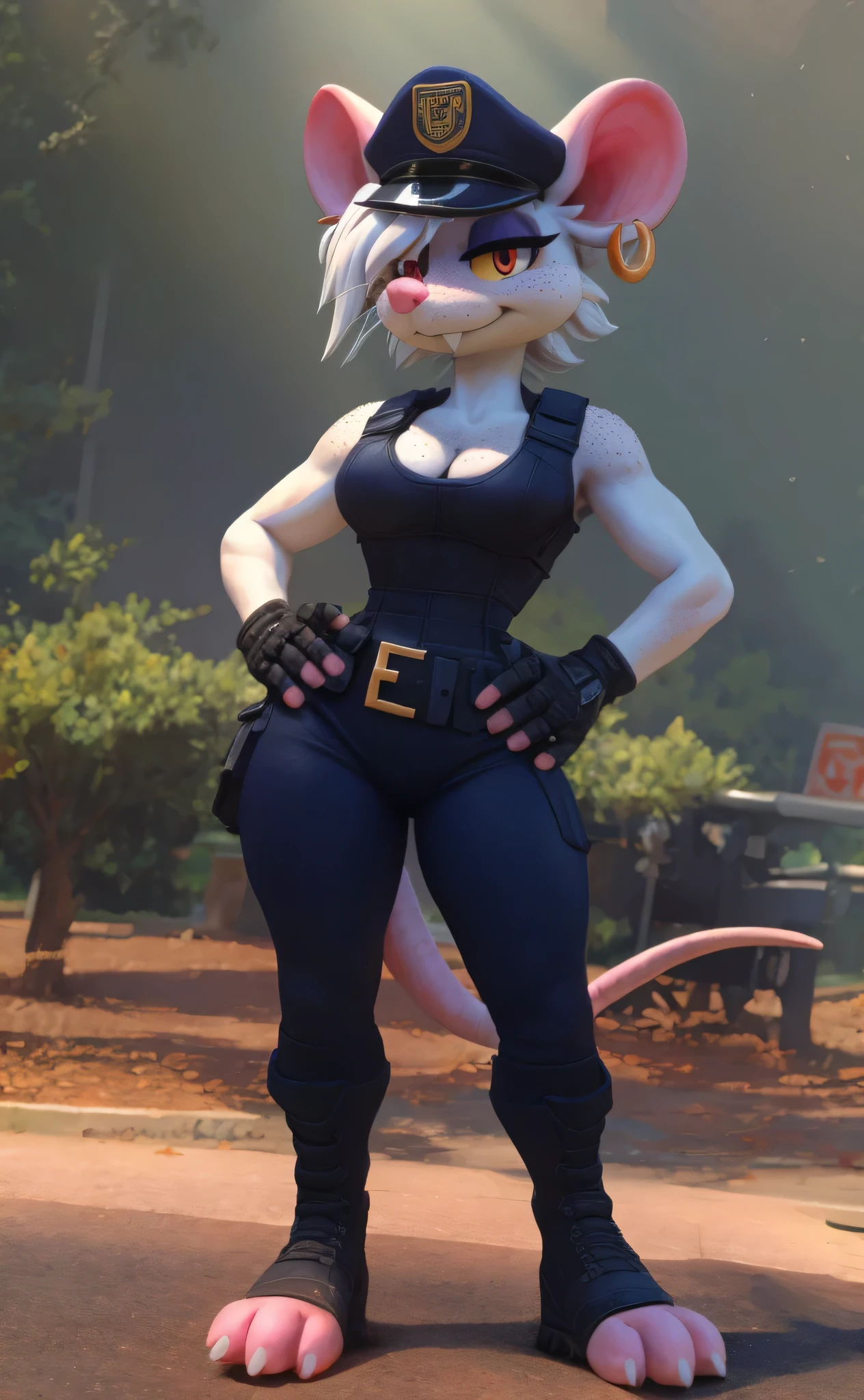 [Officer Flint], [uploaded to e621.net; (pixelsketcher), (wamudraws), (mayosplash)], ((masterpiece)), ((solo portrait)), ((front view)), ((feet visible)), ((cartoon aesthetic)), ((beautiful render art)), ((intricate details)), {(slim athletic figure), (white fur), (pink nose), (pointy rat ears), (short white hair), (messy bang over eye), (cute red eyes with yellow sclera), (long eyelashes), (indigo eyeshadow), (freckles), (body freckles), (whiskers), (pink rat tail), (curvy hips), (beautiful legs), (pink rat feet), (smug grin), (relaxed expression), (sharp yellow fangs)}, {(cop outfit), (blue body armor), (black full bodysuit), (cleavage), (tight black mesh leggings), (blue fingerless gloves), (gold earring), (black belt), (cop hat), ((black toeless boots)}, {(hands on hip), (looking at viewer)}, [ambient lighting, park, sun rays]