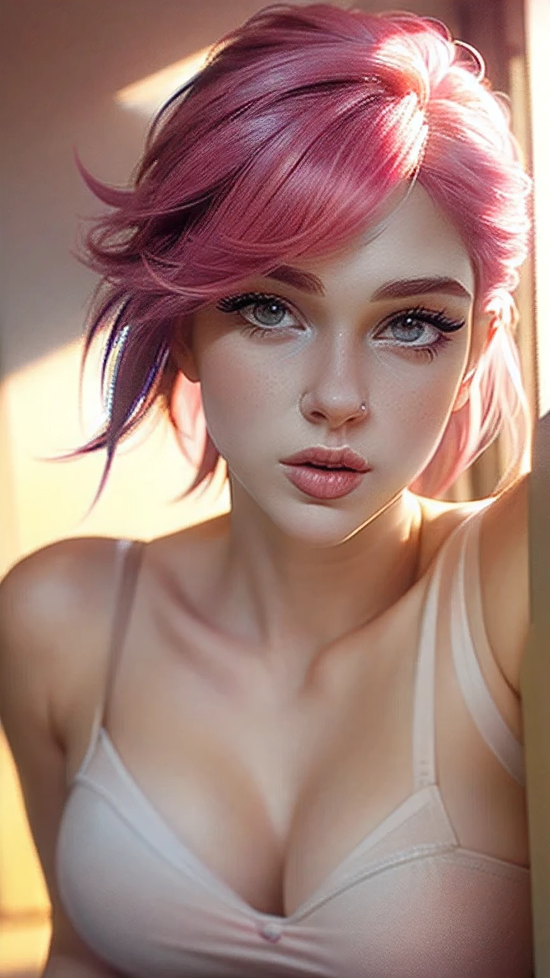 we,(((ultra Realistic))) Photo, masterpiece, high quality, (pale skin), (Rosto e olhos Ultra Detaileds:1.3),  a girl, adult, Em Lifchik, (( eye makeup  , pink mascara)), ((  large detailed lips )), ((straight pink hair)), ((stylish hairstyle)) , (natural breasts),  thin waist. ((posing, Hand on face)), sessão de Photos,  studio with soft lighting , (The play of light and shadows),   depth of field  , bokeh effect, ( special attention to skin details : 1.2), detailed leather texture,  skin pores . ( Airy atmosphere of the . Color range - delicate, bright, shades of pink), DR, ((film grain)), ((Rays)), (brilliance), ((portrait from the waist up, close to the camera)) , Ultra Detailed, 