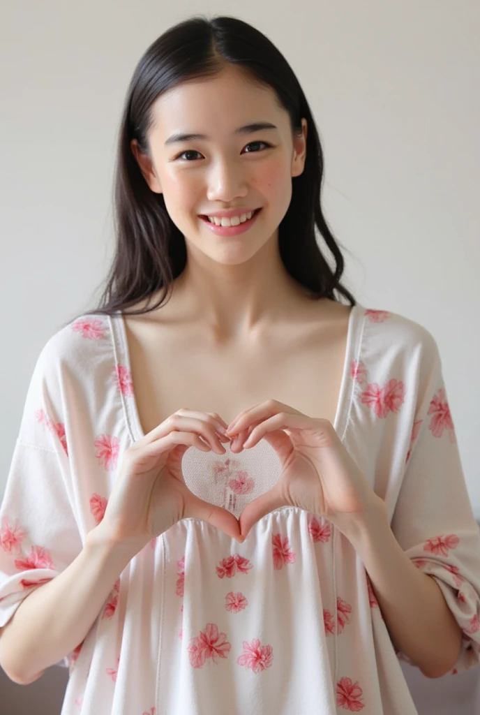 Only one woman with a cute smile is in a pose wearing off-shoulder pajamas, making a firm big heart shape with both hands, and holding them in front of her chest, View above collarbone、The background is a monotone 

