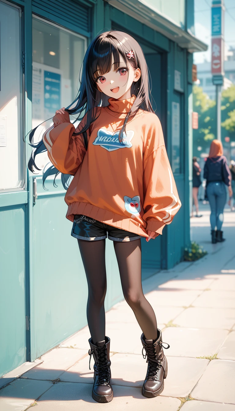 Score_9,Score_8_up,Score_7_up,highest quality anime,masterpiece,extremely detailed,depth of field,high-resolution,1 girl,slim,small breasts,(black long hair,straight bangs),(Ideal slender proportions),(sweater dress,black shorts,matted black tights),(boots),joyful