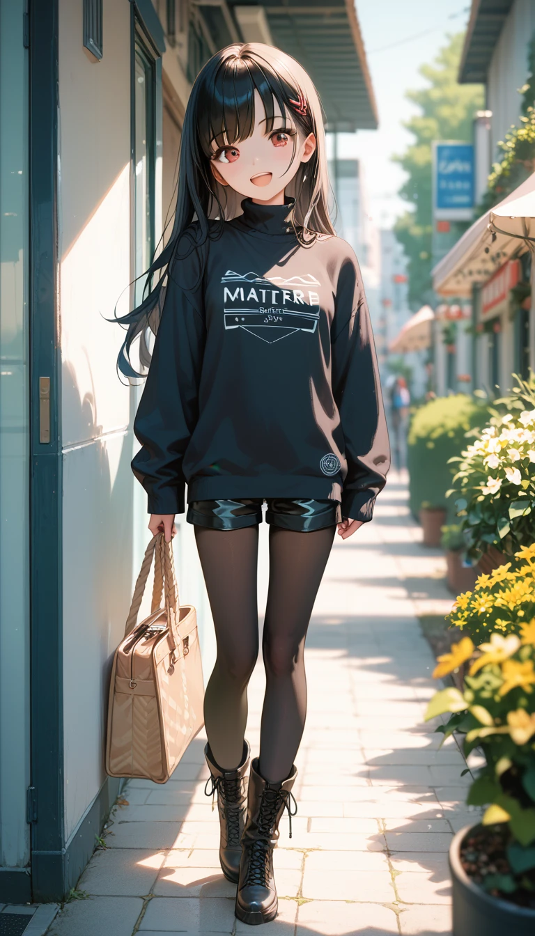 Score_9,Score_8_up,Score_7_up,highest quality anime,masterpiece,extremely detailed,depth of field,high-resolution,1 girl,slim,small breasts,(black long hair,straight bangs),(Ideal slender proportions),(sweater dress,black shorts,matted black tights),(boots),joyful