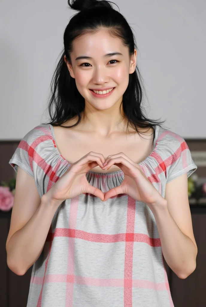 Only one woman with a cute smile is in a pose wearing off-shoulder pajamas, making a firm big heart shape with both hands, and holding them in front of her chest, View above collarbone、The background is a monotone 

