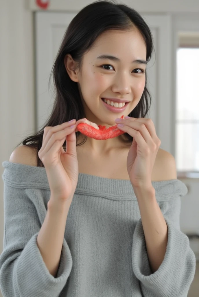 Only one woman with a cute smile is in a pose wearing off-shoulder pajamas, making a firm big heart shape with both hands, and holding them in front of her chest, View above collarbone、The background is a monotone 

