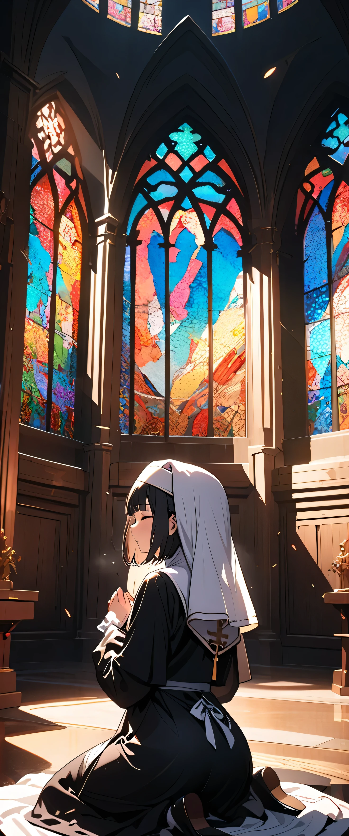 (nun:1.5),(beautiful girl:1.3),1girl,masterpiece,Highest quality,Ultra-high resolution,  rich contrast  ,super high quality,8k,Highly detailed CG unit wallpaper,texture,Incredibly absurd,Ultra-high resolution,Highest quality anime,professional photograph,an extremely delicate and beautiful,RAW Photos,Depth of Field 1.2,Glowing Skin,Beautiful glossy lips,monastery,Prayer,Prayer to the Cross,looking pleasured,(Black Hair, bob cut , with bangs), Stained Glass,Faint Light,(magnificent panorama view:1.3), closed mouth,(full body1.5),Close your eyes,(Rear View:2.0),Kneel